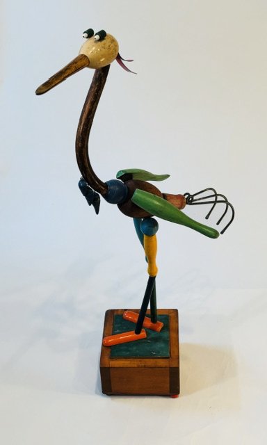 Blue Heron with Orange Shoes [Bowling Pins, Darning Eggs, Salad Forks, Spinning Top, Wooden Balls]